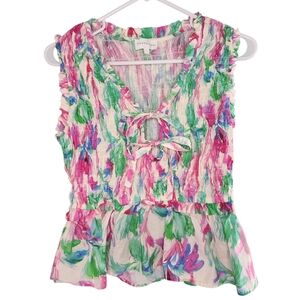 ENTRO Colorful Front-Tie Smocked Peplum Top Feminine Coquette Summer Medium